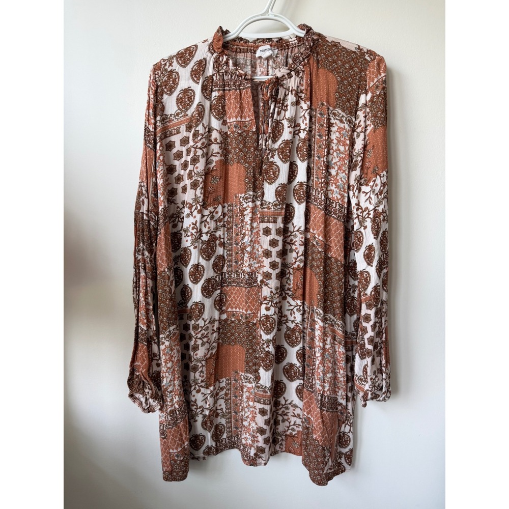 Hashttag Womens Small Rust Patchwork Boho Ruffle Neck Tie Front Tunic Blouse USA
